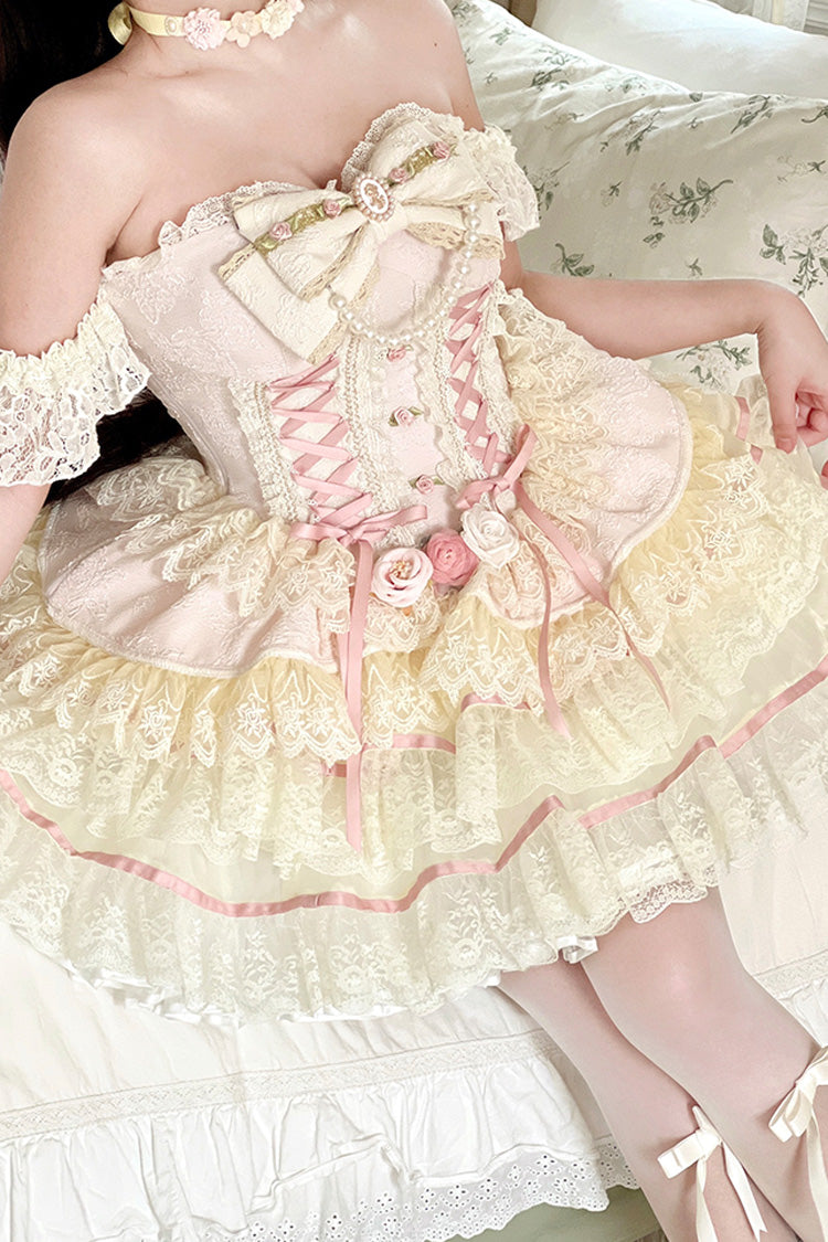 Pink Sweet Tea Rose Dew Triple-Layered Ruffle Bowknot Lace Gorgeous Sweet Lolita Skirt