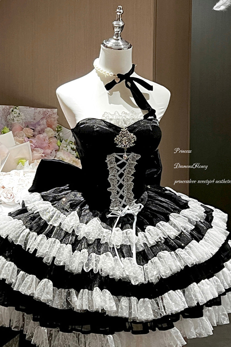 Black Heartbeat at First Sight Off Shoulder Sleeveless Multi-Layered Ruffle Bowknot Lace Lace-Up Sweet Princess Gorgeous Lolita Dress