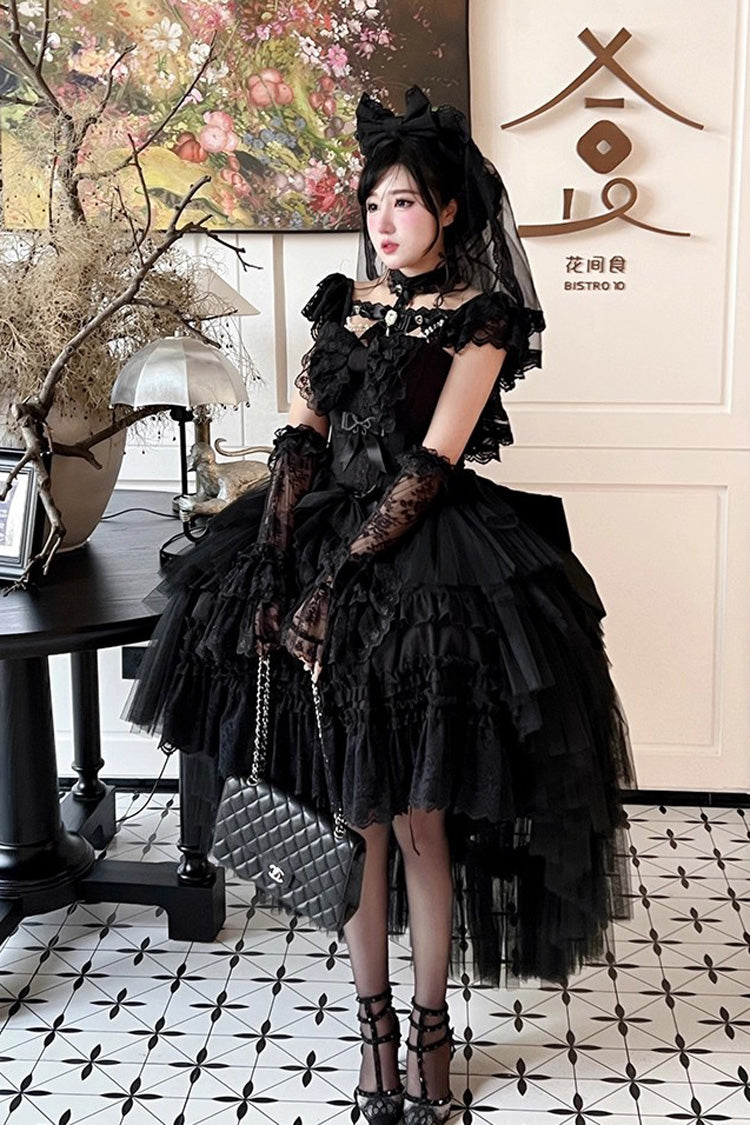Black Jewelry Love Story Halterneck Ruffle Hanayome Bowknot Lace Gothic Lolita Dress