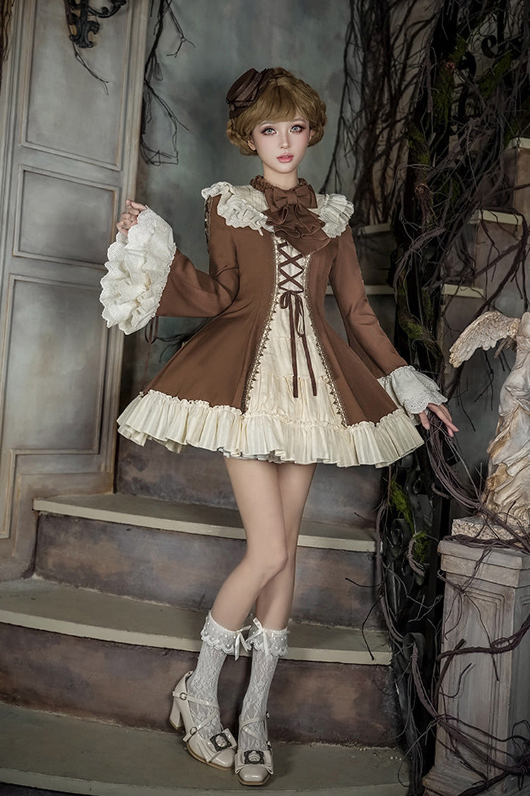 Brown/Beige Nutcracker Stand Collar Long Trumpet Sleeves Ruffle Cardigan Bowknot Lace-Up Sweet Lolita Dress Set 2 Versions