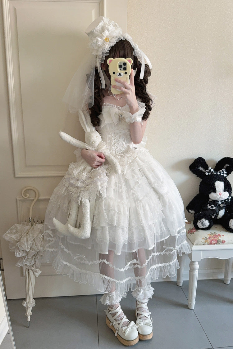 White Eternal Vow Sleeveless Multi-Layered Ruffle Hanayome Bowknot Lace Lace-Up Sweet Lolita Jsk Dress