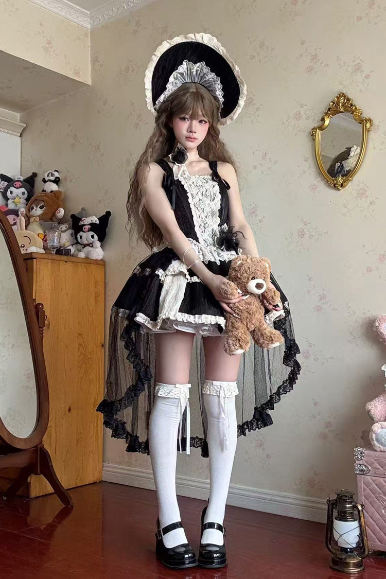 Black Twilight Double-Layered Ruffle Bowknot Lace Gothic Elegant Ballet Lolita Skirt Set