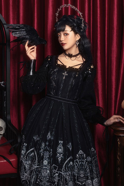 Dark Black Eye Of Red Heart Print Square Collar Cross High Waisted Gothic Lolita Jsk Dress
