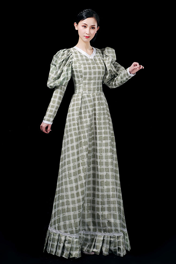 Dark Green Long Sleeves Plaid Print High Waisted Ruffled Victorian Lolita Prom Dress