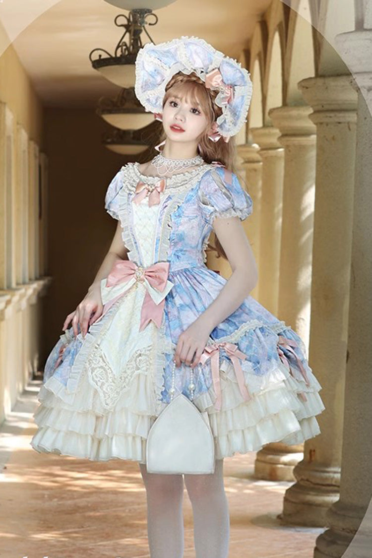 Angel Heart Sky Oil Painting Print Ruffle Cardigan Bowknot Sweet Princess Lolita Dress 3 Colors