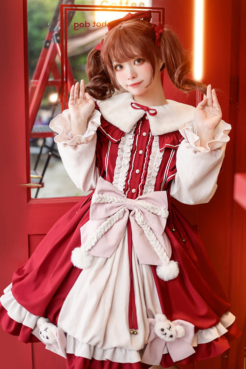 Red Round Collar Ruffled Long Lantern Sleeves Sweet Lolita OP Dress
