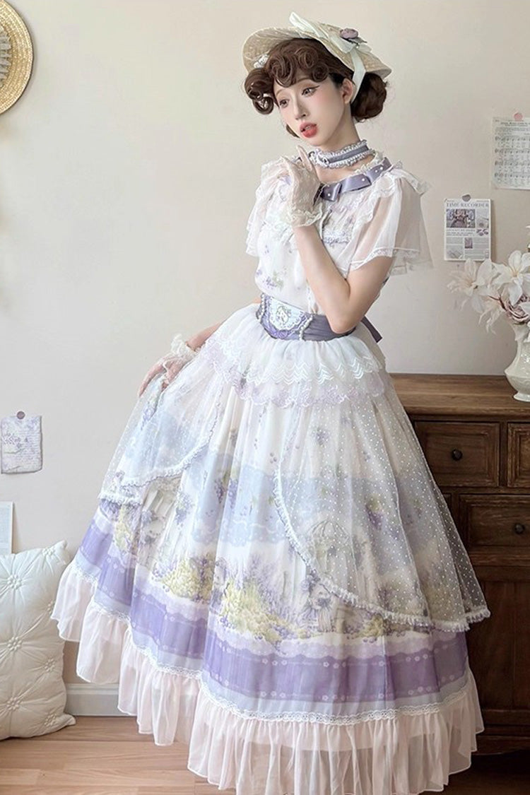White/Purple Rabbit Vine Story Grape Print Short Sleeves Bowknot Lace Elegant Sweet Lolita Skirt Set