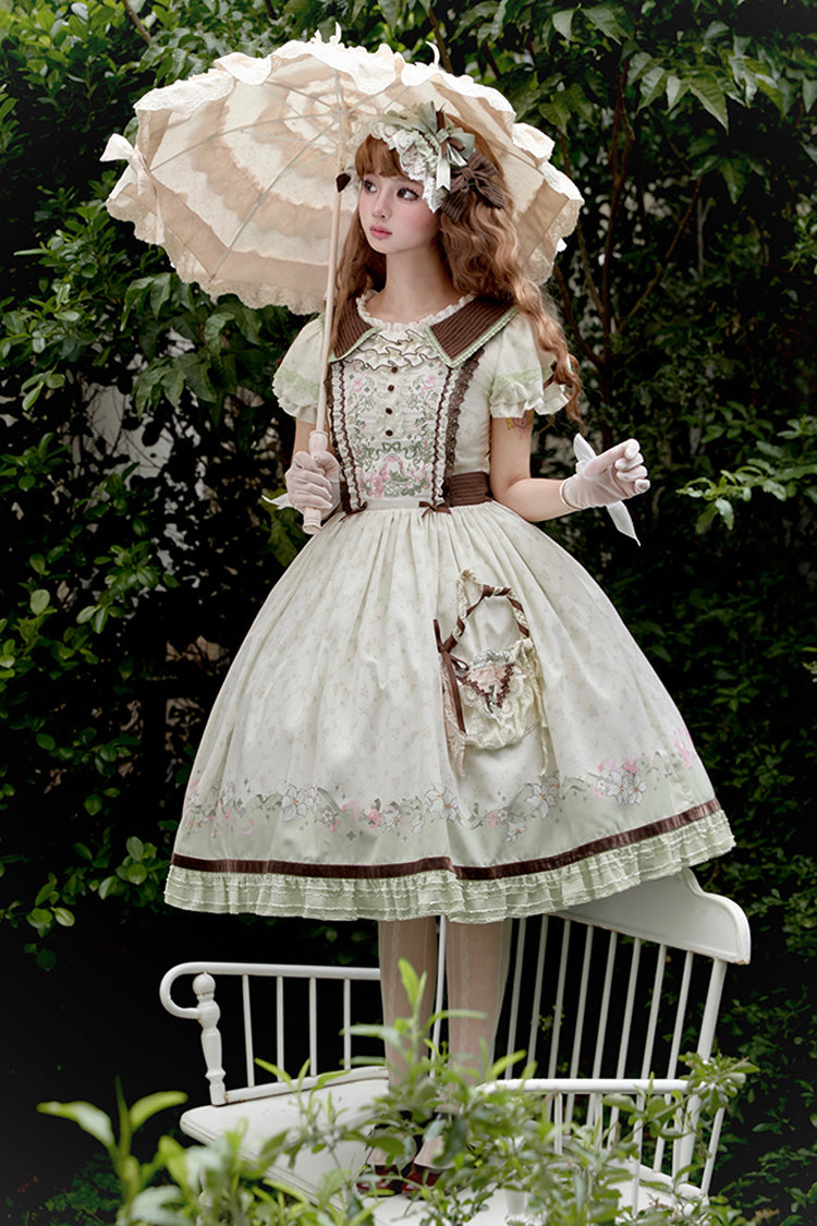 Green/Ivory Lily Short Sleeves Print Ruffle Embroidery Bowknot Lace Sweet Elegant Lolita Dress