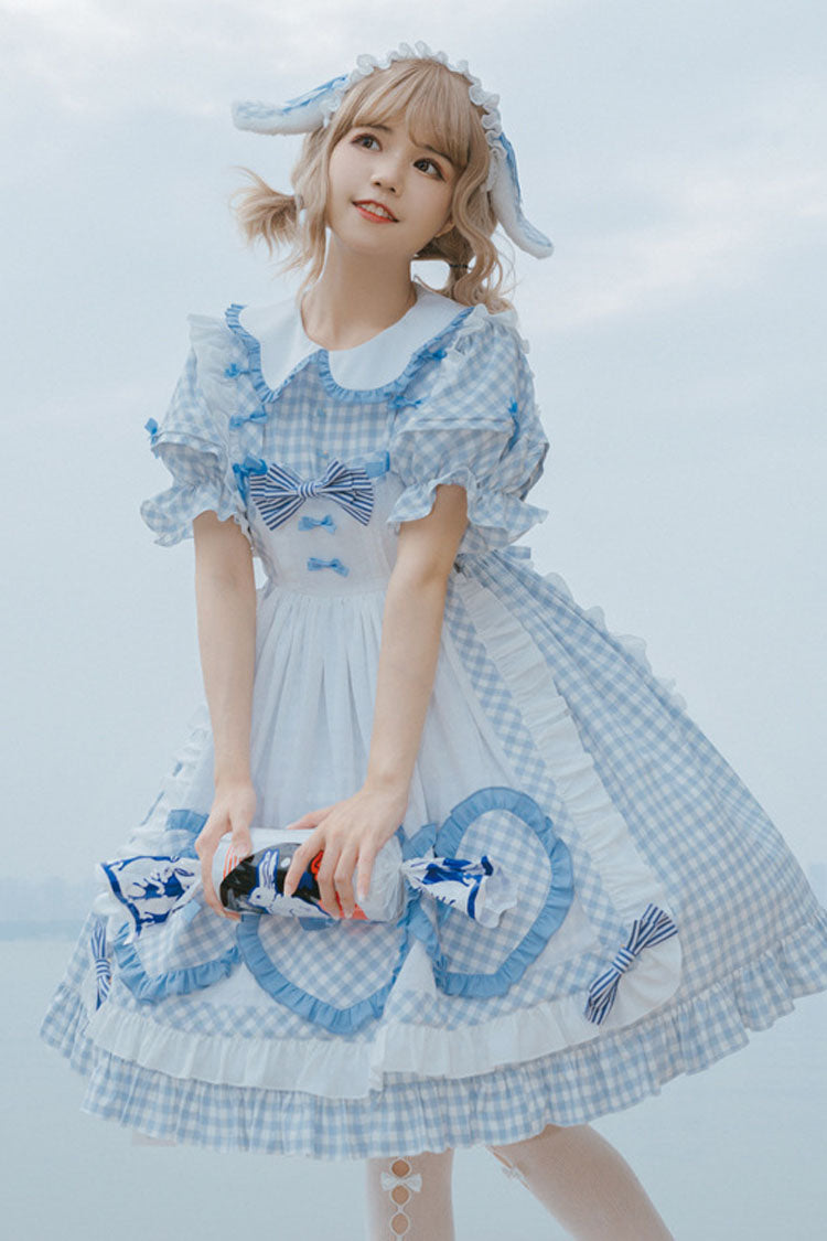 Light Blue Love Plaid Print Bowknot Short Sleeves Princess Sweet Lolita OP Dress (Apron is included)