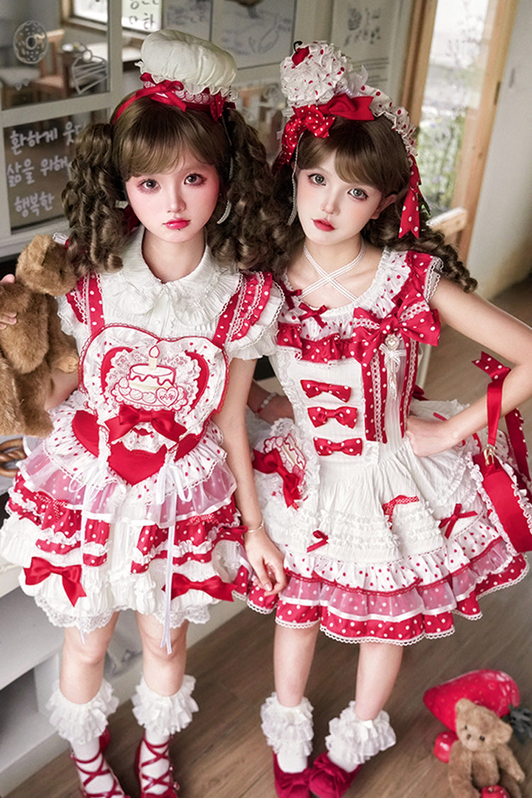 Red/White Twin Bears Sleeveless Triple-Layered Print Ruffle Bowknot Lace Sweet Lolita Jsk Dress