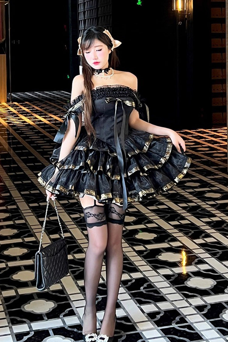 Black Princess Ribbon Off Shoulder Triple-Layered Ruffle Bowknot Sweet Lolita Dress