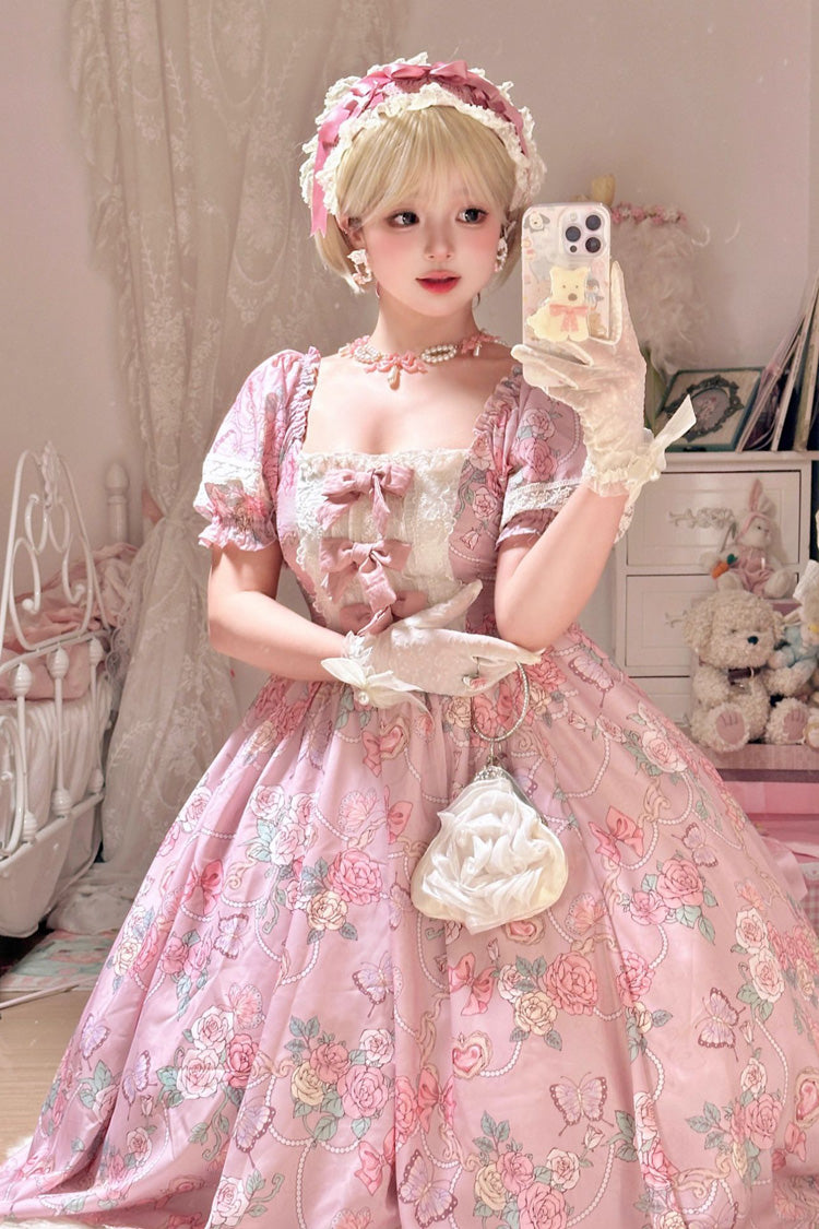 Pink Gem Rose Print Short Puff Sleeves Ruffle Bowknot Sweet Plus Size Lolita Dress