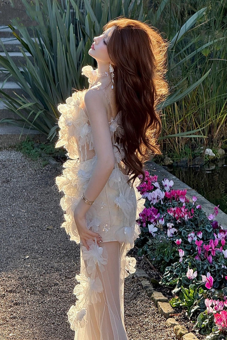 White Blooming Fairy Flower Sleeveless Bowknot Lace Slim Sweet Lolita Jsk Dress