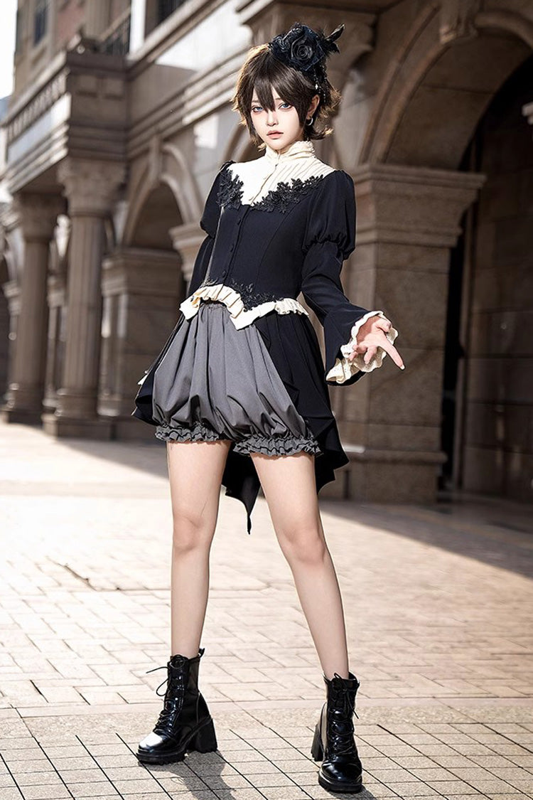 Black Eternal Night Feast Long Sleeves Gothic Prince Handsome Ouji Lolita Tailcoat Top and Shorts Set