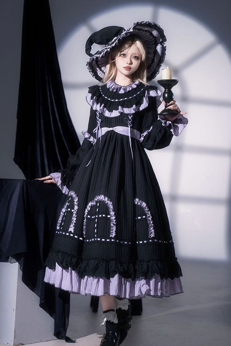 Black Twin Lilian Round Collar Long Sleeves Double-Layered Ruffled Bow Lace-Up Gothic Lolita Dress