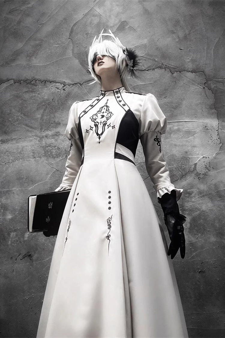 White Long Sleeves Moon Talisman Print Gothic Lolita Long Dress