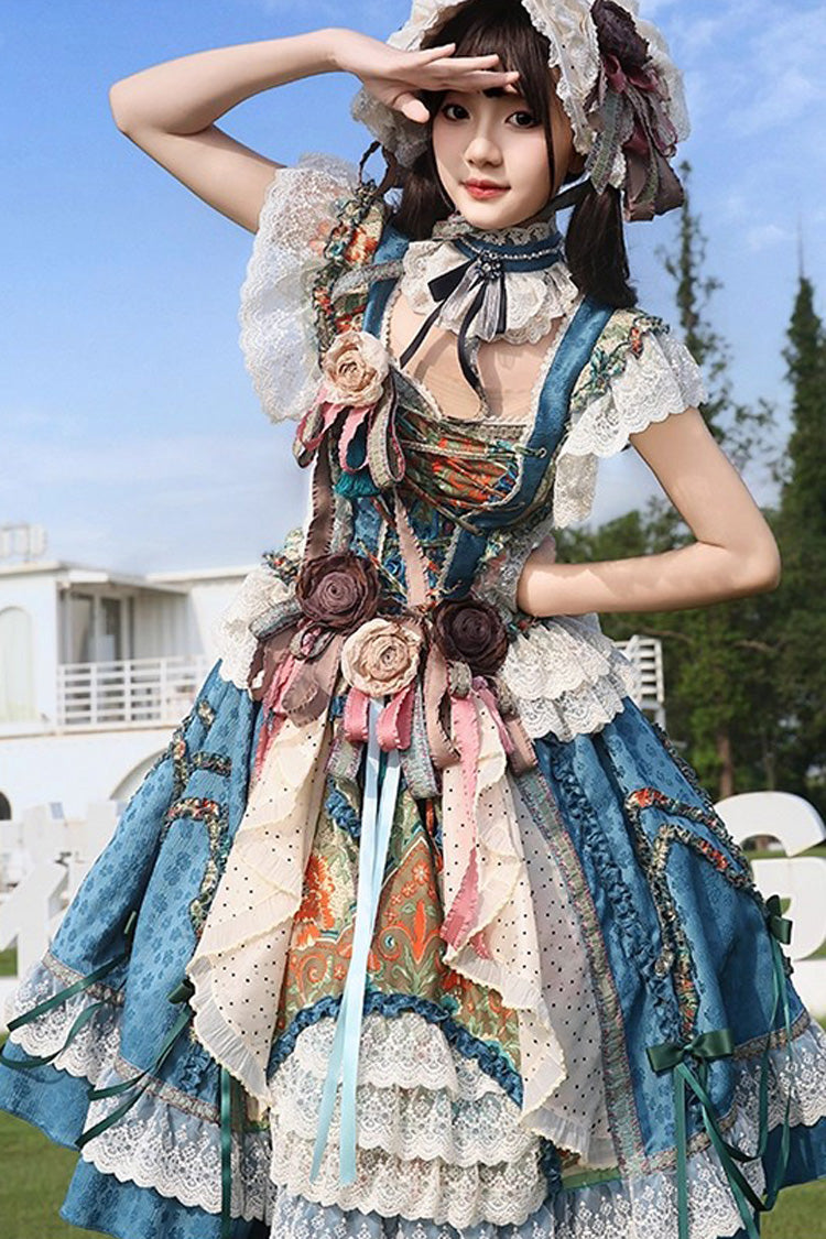 Blue Lake Monet Sleeveless High Waisted Print Ruffle Cardigan Bowknot Lace-Up Classic Vintage Elegant Princess Lolita Jsk Dress