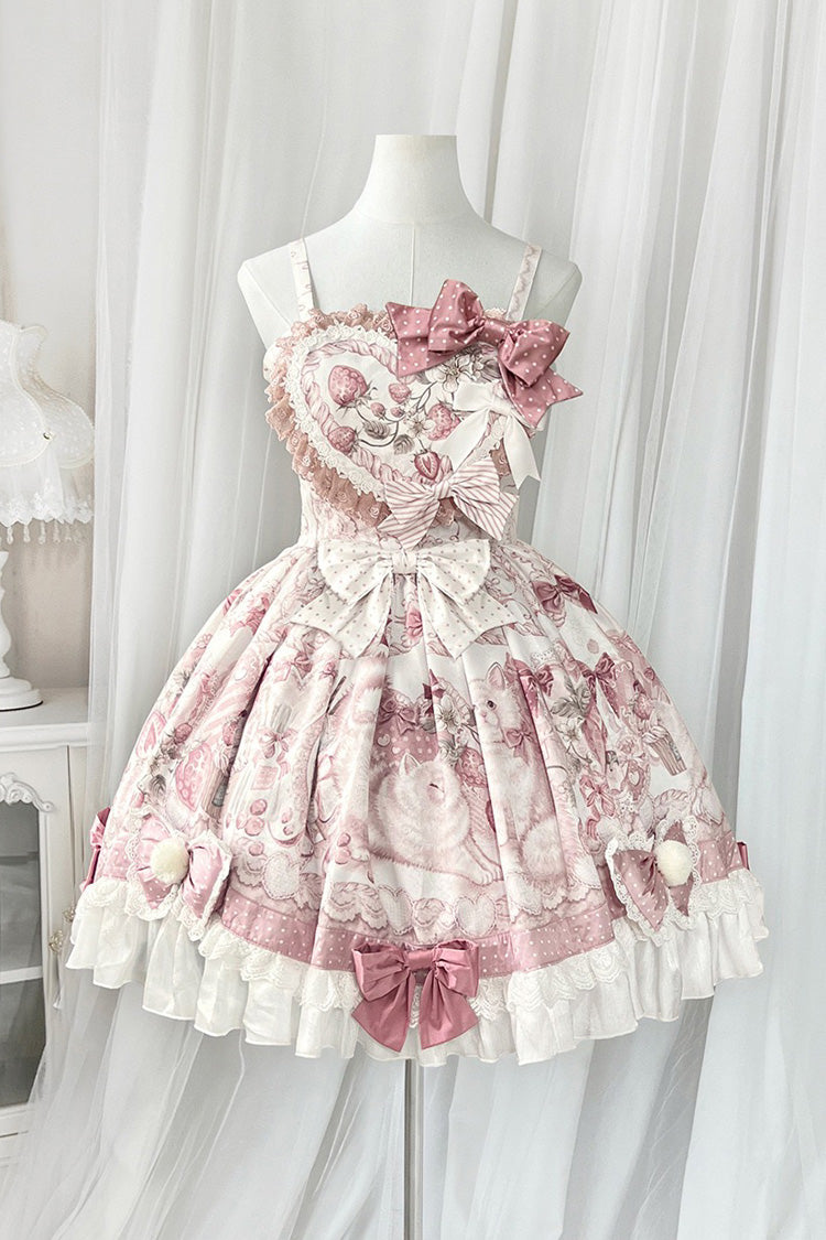 Pink Sweet Dessert Cat Print Ruffle Bowknot Lace Sweet Princess Lolita Dress Set