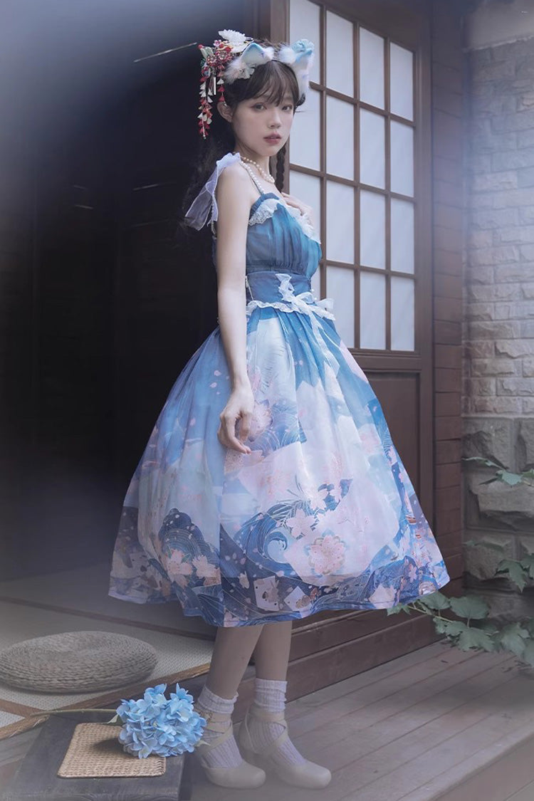 Blue/Pink Mount Fuji Cherry Blossom Season Print Bowknot Sweet Lolita Skirt