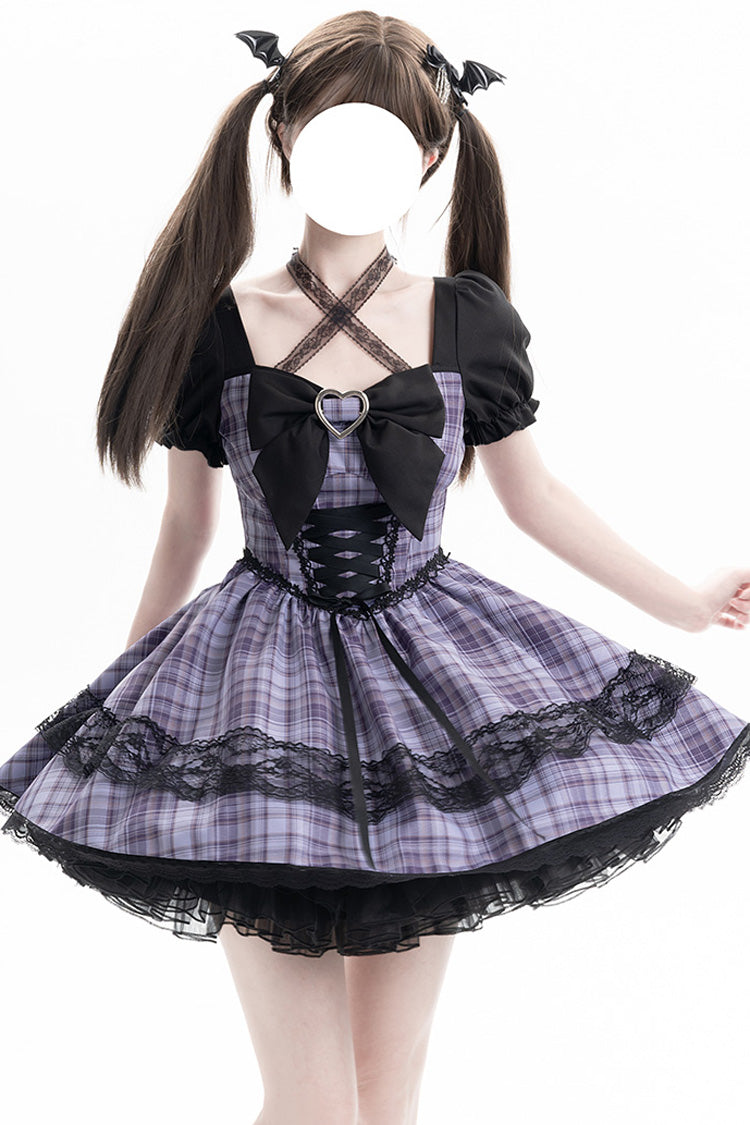 Purple Witch Time Short Puff Sleeves Plaid Print Bowknot Lace Sweet Lolita Dress