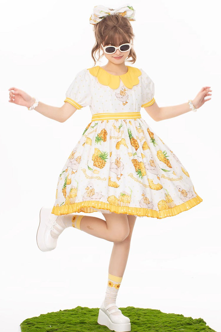 White/Yellow Sweet Duck Print Bowknot Puff Short Sleeves Lolita OP Dress