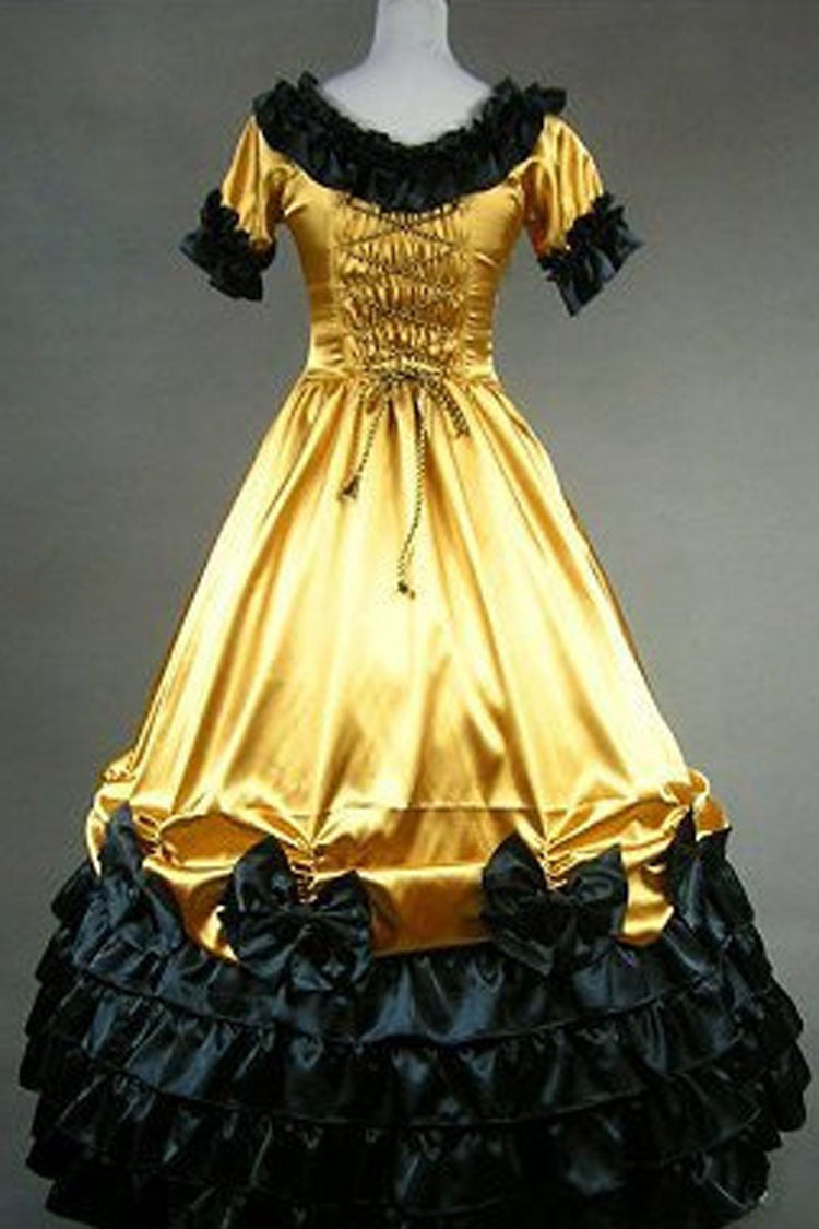 Golden Cotton Round Neck Short Sleeves Floor Length Bowknot Victorian Gothic Lolita Dress