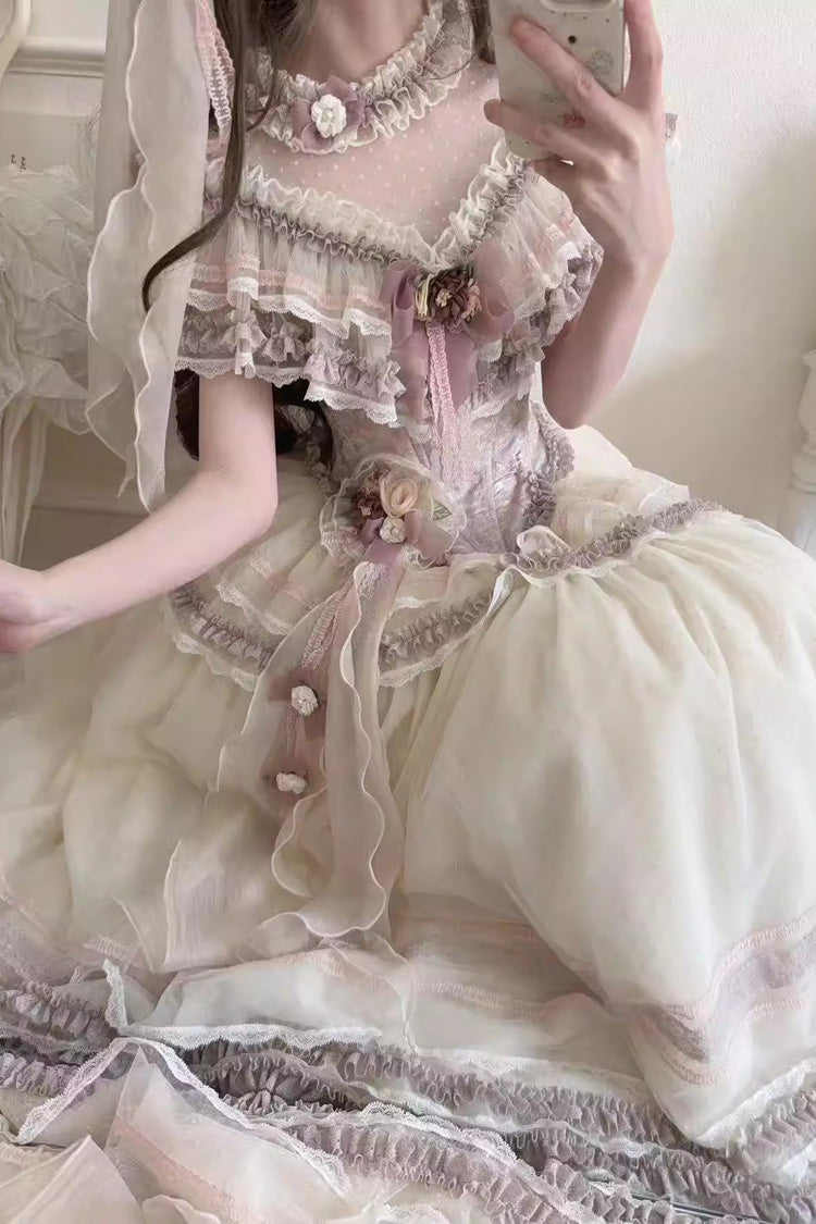 Purple Wisteria Poem Sleeveless Ruffled Cut-Out Embroidered Bow Lace Sweet Lolita Two-piece Skirt Set