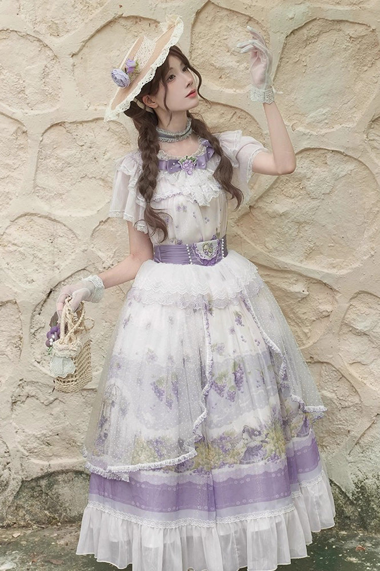 White/Purple Rabbit Vine Story Grape Print Short Sleeves Bowknot Lace Elegant Sweet Lolita Skirt Set