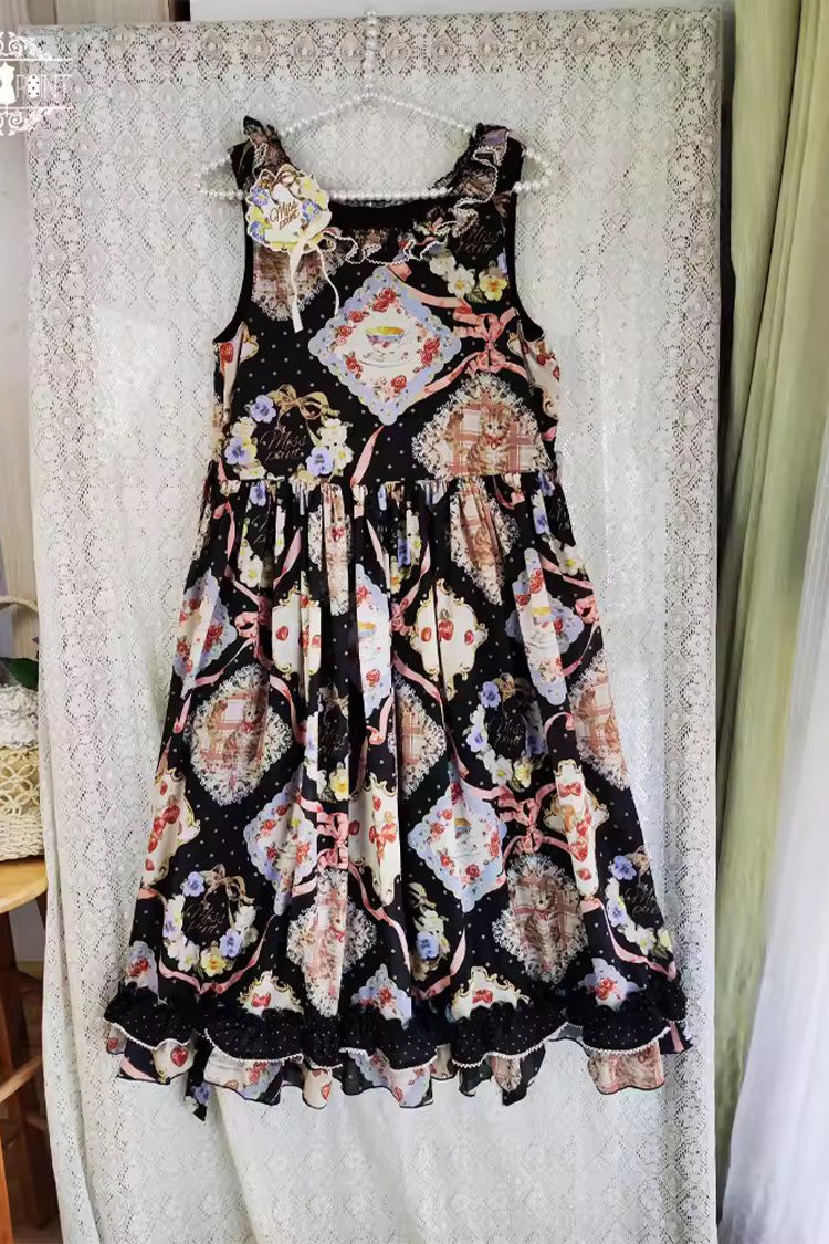 Cat Rose Tea Sleeveless Print Ruffle Bowknot Sweet Lolita Jumper Dress Version2 3 Colors