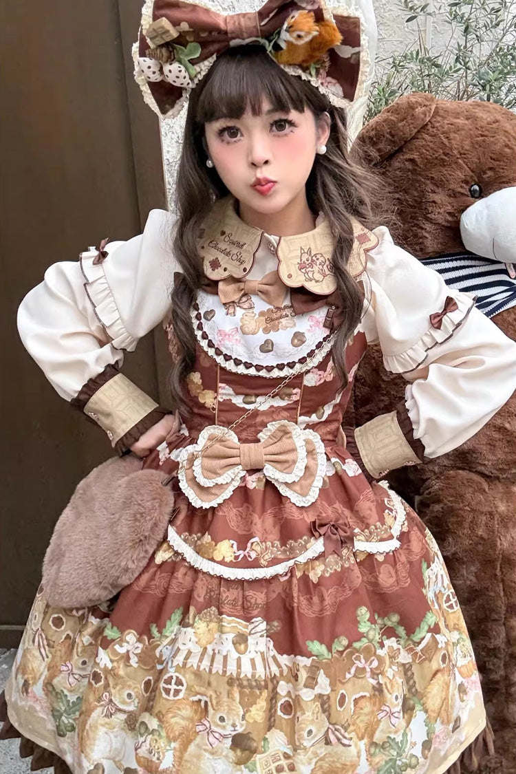 Brown Squirrel Chocolate Shop Sleeveless Printed Ruffled Bow Sweet Lolita JSK Dress with Blouse