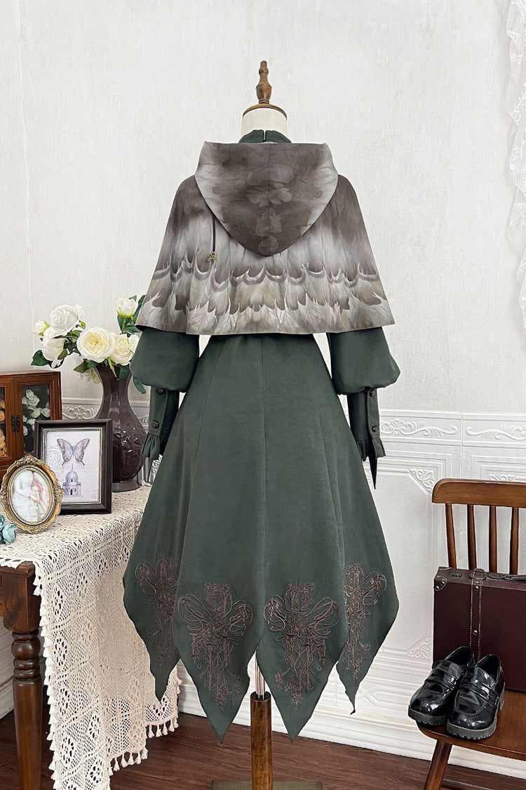 Dark Green Stand Collar Long Sleeves Ruffle Embroidery Classic Vintage Lolita Dress Set