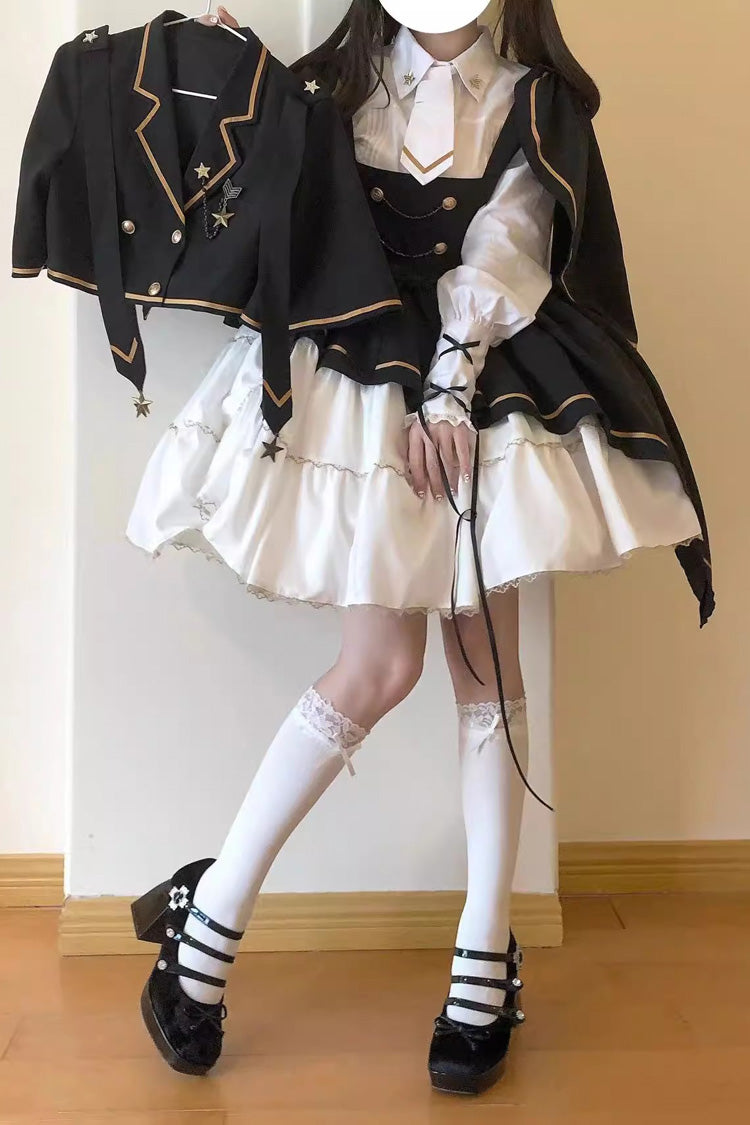 Black/White Commander Long Sleeves Ruffle Bowknot Irregular Sweet Lolita Dress Coat Cloak Set