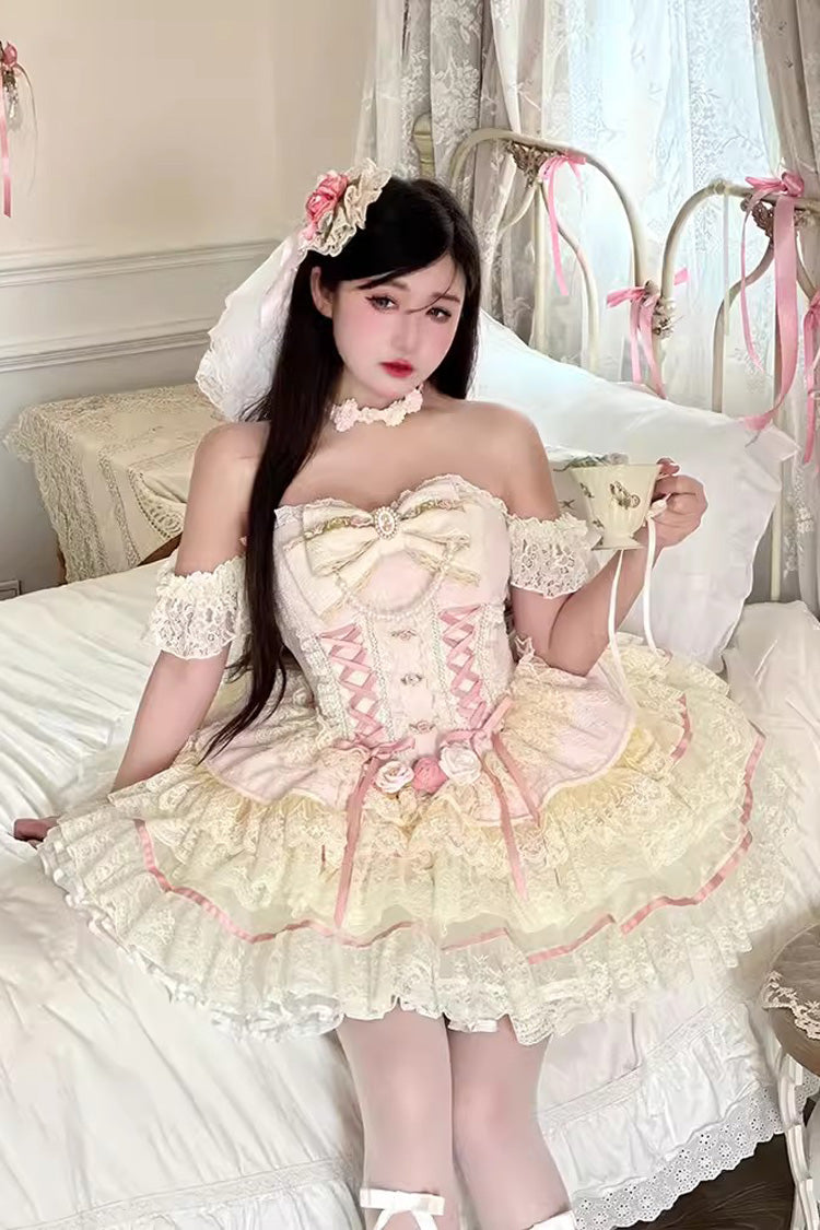 Yellow/Pink Sweet Tea Rose Dew Ruffle Bowknot Lace Sweet Lolita Skirt Dress