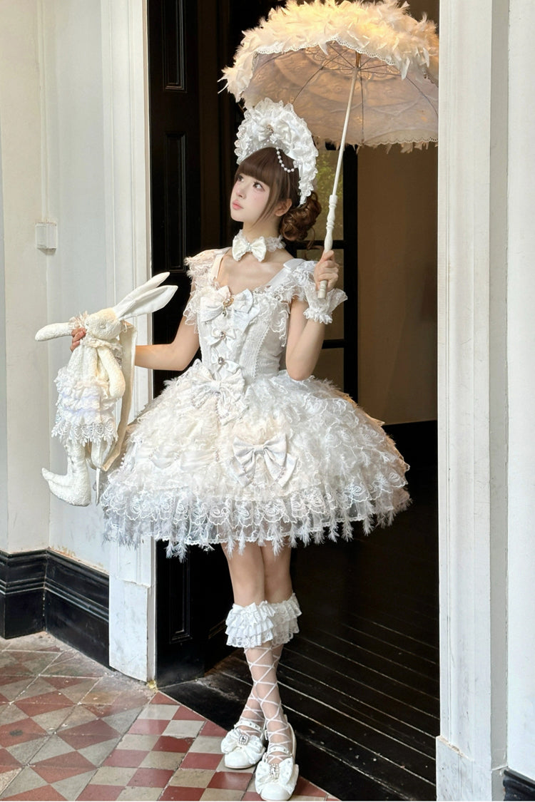 White Cloudborne Snowfeather Sleeveless Multi-Layered Hanayome Bowknot Pearl Gothic Lolita Jsk Dress