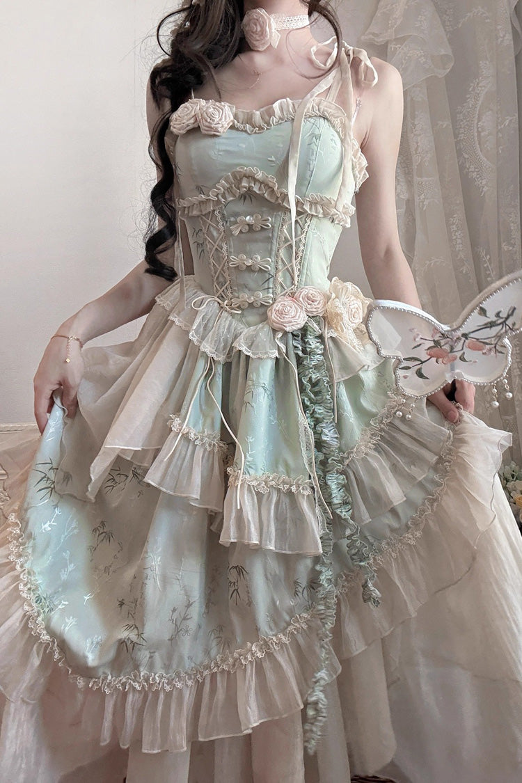 Green Tea Bamboo Song Sleeveless Print Ruffle Bowknot Sweet Chinese Style Elegant Ballet Lolita Jsk Long Dress