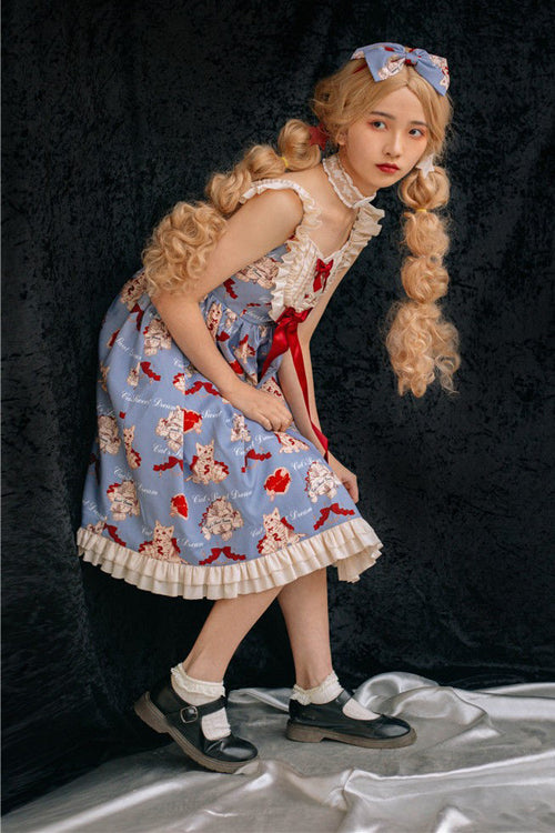 Blue Ruffled Strap Wish Cat Sweet Lolita JSK Dress