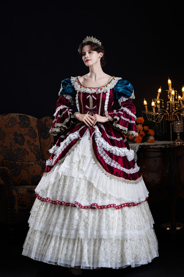 Wine/Ivory Round Collar Long Hime Sleeves Triple-Layered Ruffled Open-Front Bow Lace Classic Vintage Palace Lolita Victorian Dress