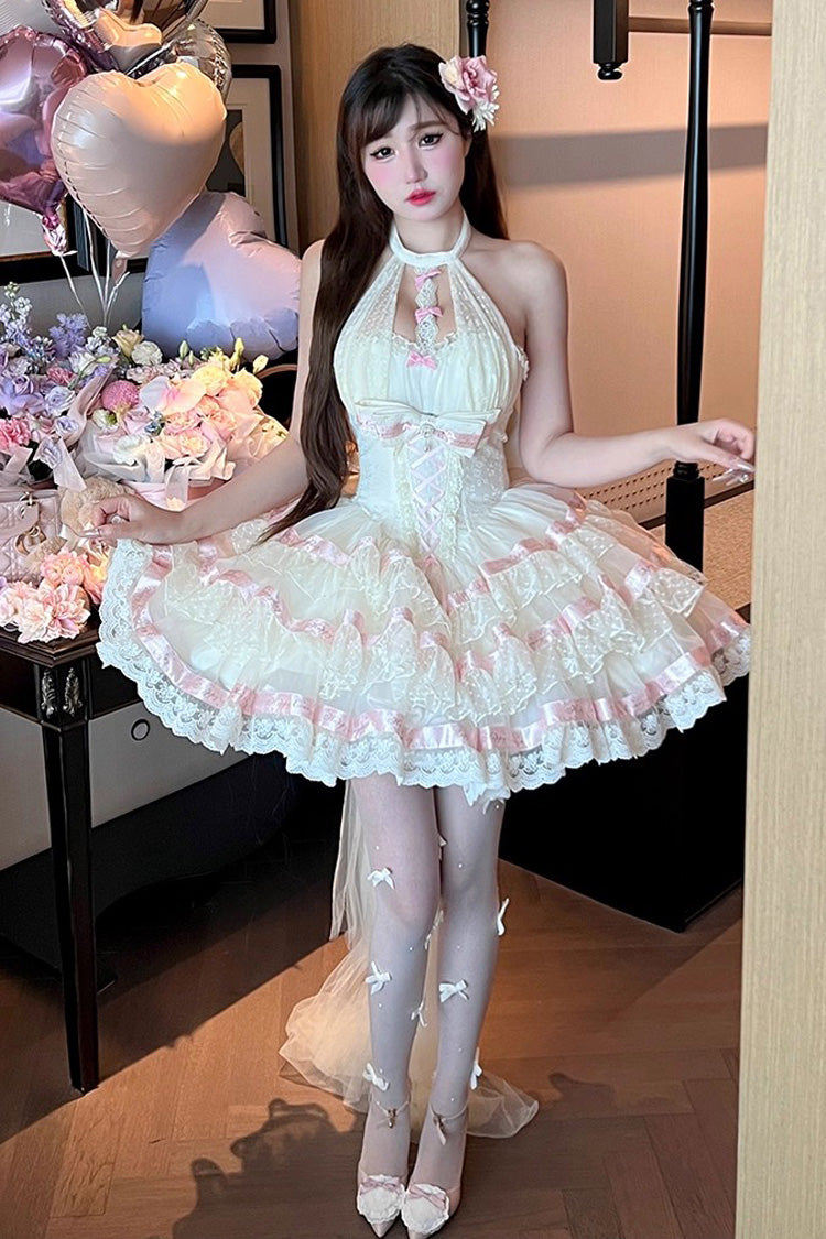 Beige Ballet Dream Halterneck Triple-Layered Ruffle Bowknot Lace-Up Sweet Princess Lolita Dress