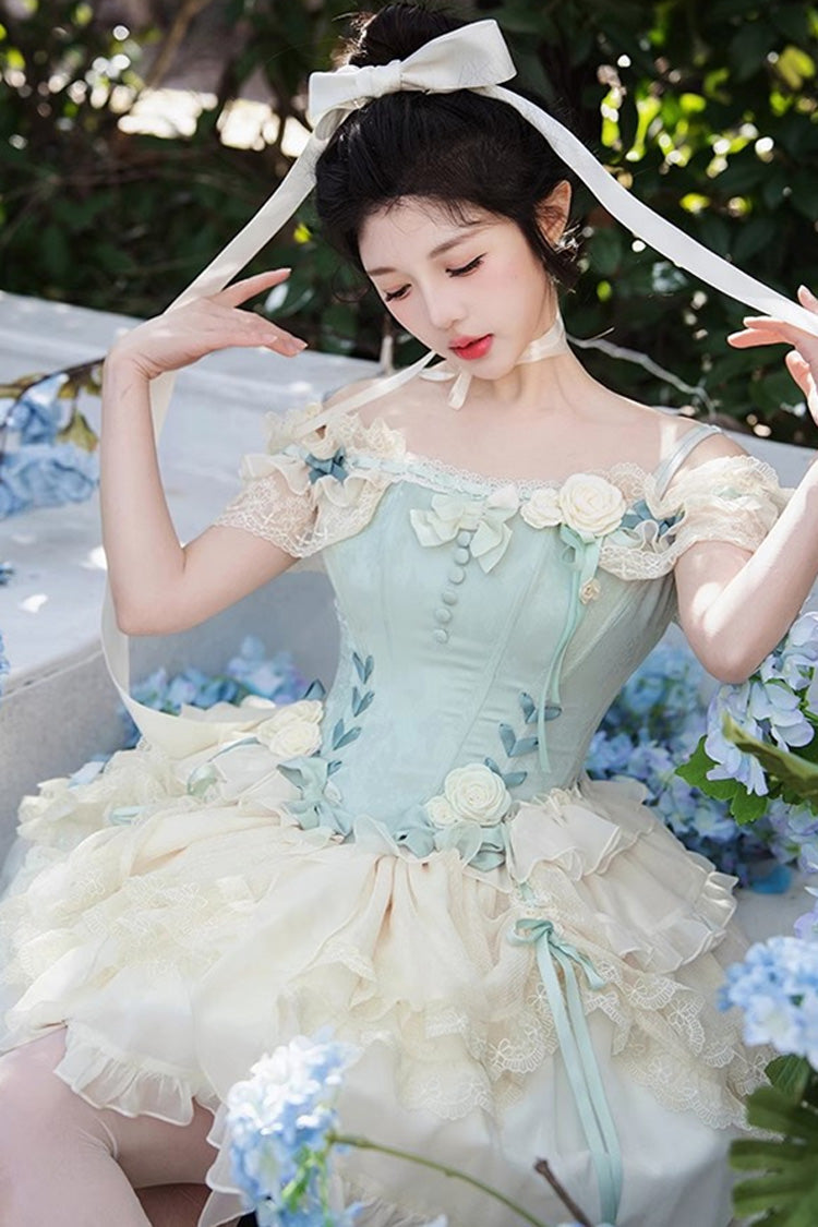 Light Green Off Shoulder Ruffle Bowknot Lace Sweet Elegant Princess Ballet Lolita Tiered Dress