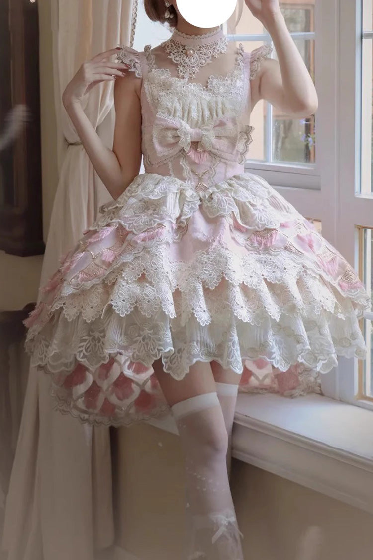 Pink Peacock Feather Multi-Layered Ruffle Hanayome Cardigan Bowknot Lace Sweet Lolita Jsk Dress Set