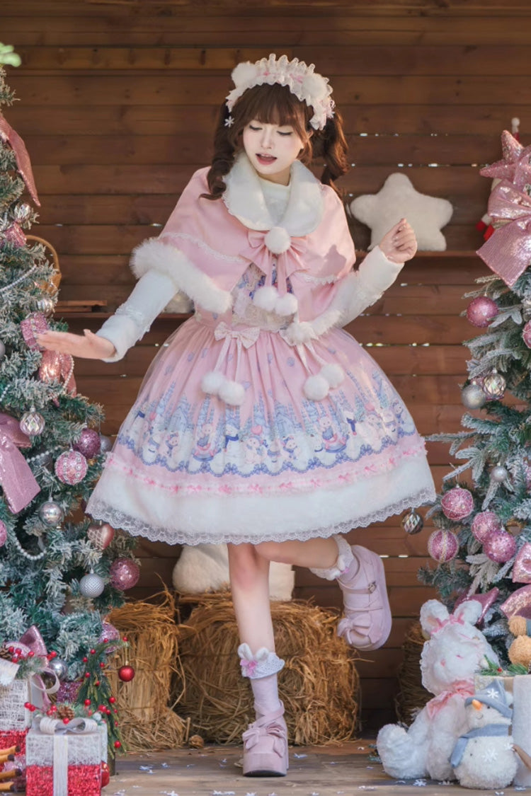 Pink Snowball Wonderland Print Merry Christmas Ruffle Bowknot Lace Sweet Lolita Jsk Dress