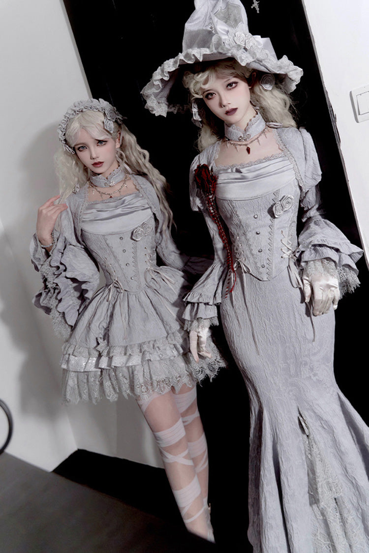 Silver Grey Twilight Ruffle Lace Irregular Gothic Witch Lolita Fishtail Skirt Set