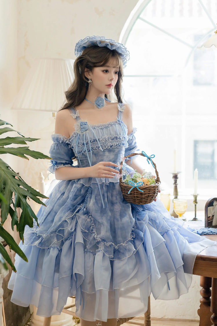 Goodnight Camellia Sleeveless Ombre Multi-Layered Printed Ruffled Lace Fishbone Sweet Lolita Jsk Dress 3 Colors