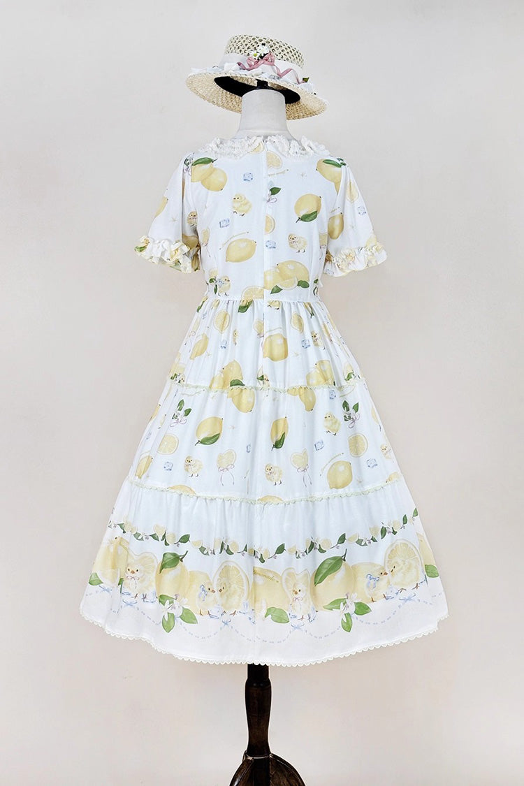White Lemon Chicken Short Sleeves Print Ruffle Bowknot Lace Daily Sweet Lolita Dress