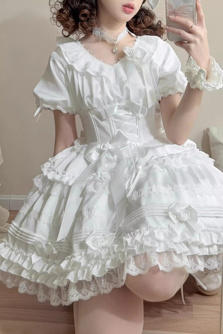 White Layered Buttercream Frosting Short Sleeves Ruffle Bowknot Lace Sweet Lolita Dress