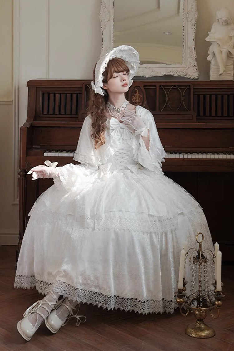 White Cherish Long Trumpet Sleeves Ruffle Hanayome Bowknot Lace-Up Sweet Lolita Dress