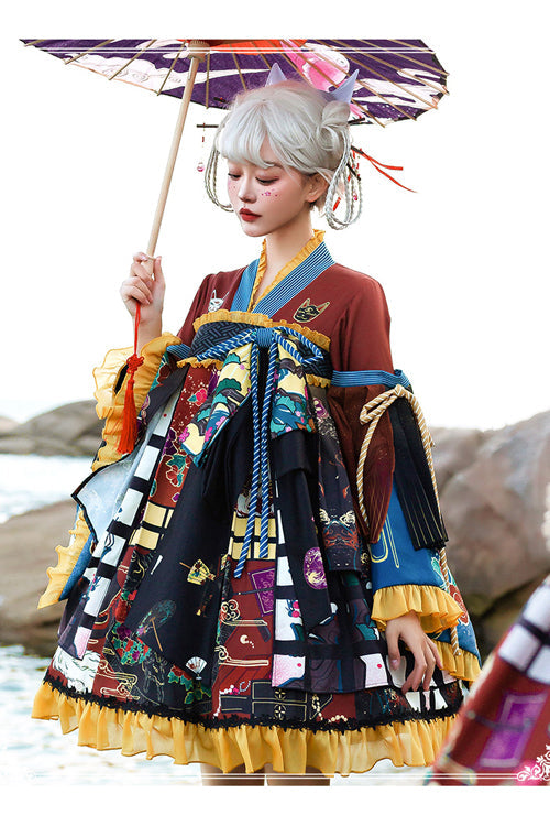 Multi-Color Retro Japanese Fox Trick Print High Waist Sweet Lolita OP Dress
