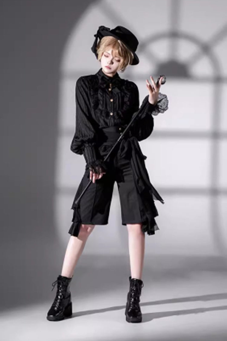 Black Eternal City Long Sleeves Lace Gothic Prince Medieval Ouji Lolita Blouse Knee-Length Shorts Set