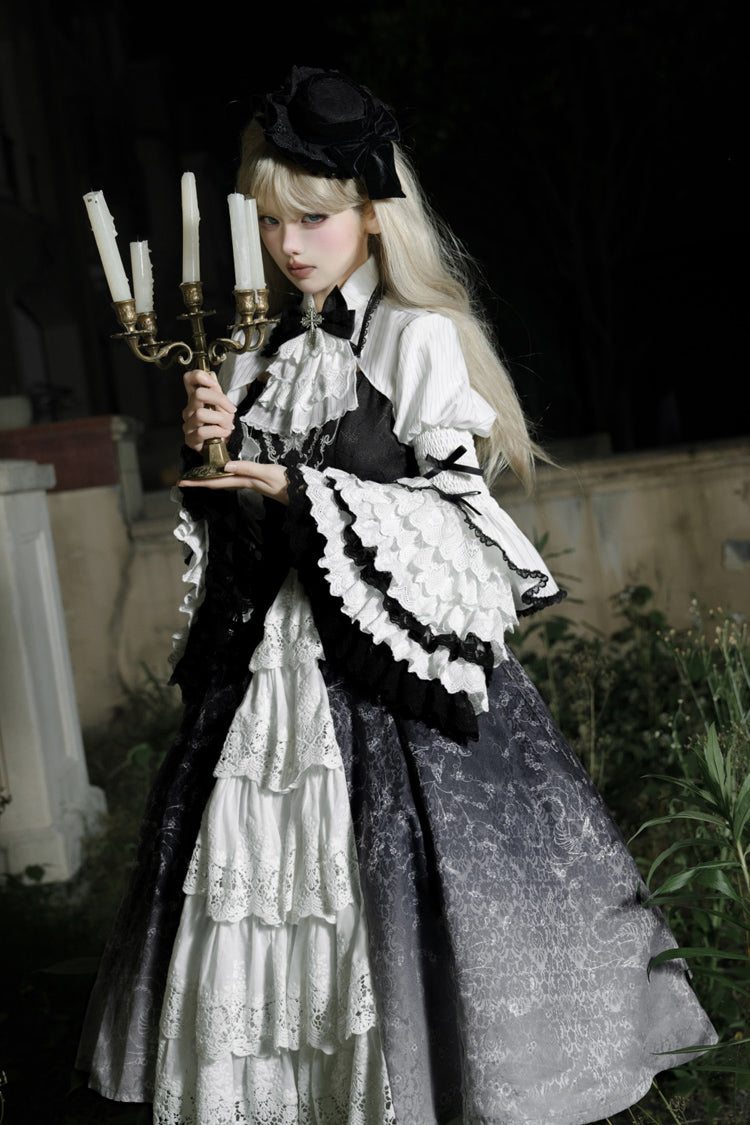Black/White Print Bone Magic Ruffle Cardigan Lace Classic Gothic Princess Lolita Jsk Dress