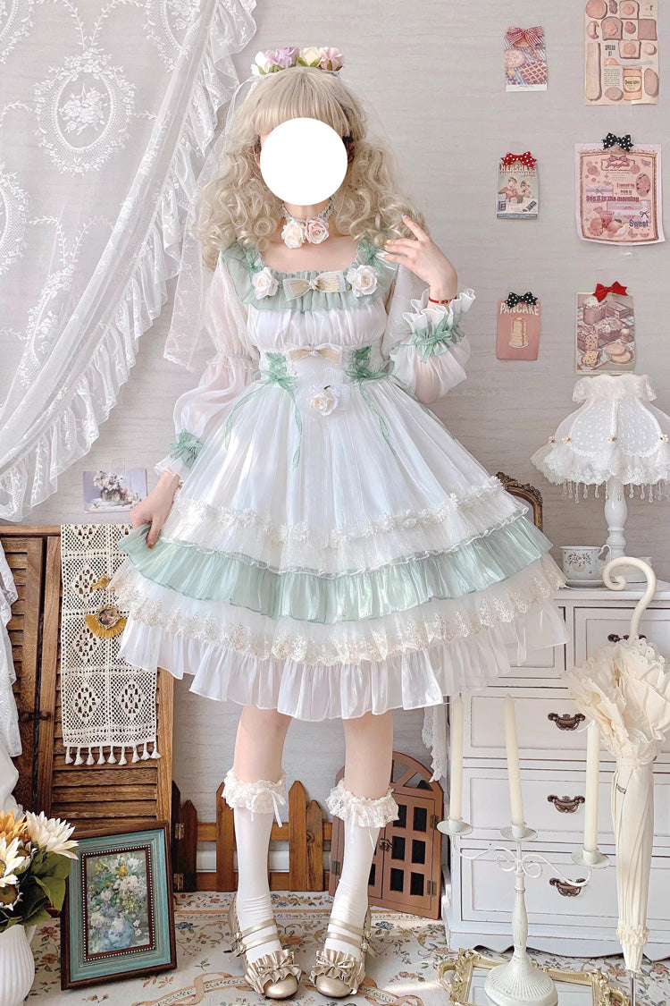 Green Spring of Boliya Long Sleeves Multi-Layered Ruffle Bowknot Lace Lace-Up Sweet Princess Lolita Dress